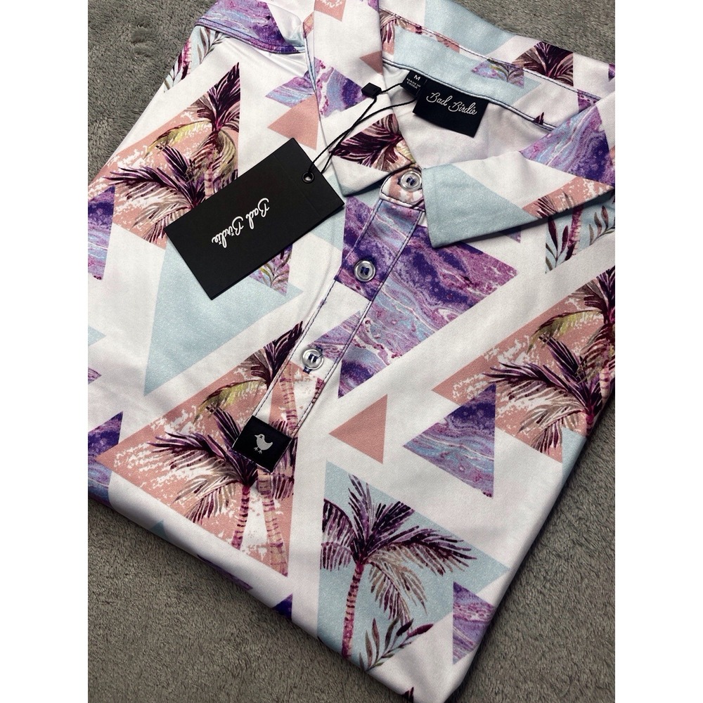 Bad Birdie Cali Polo Golf Shirt Mens M‎ Palms Abstract Triangles Purple Blue NWT